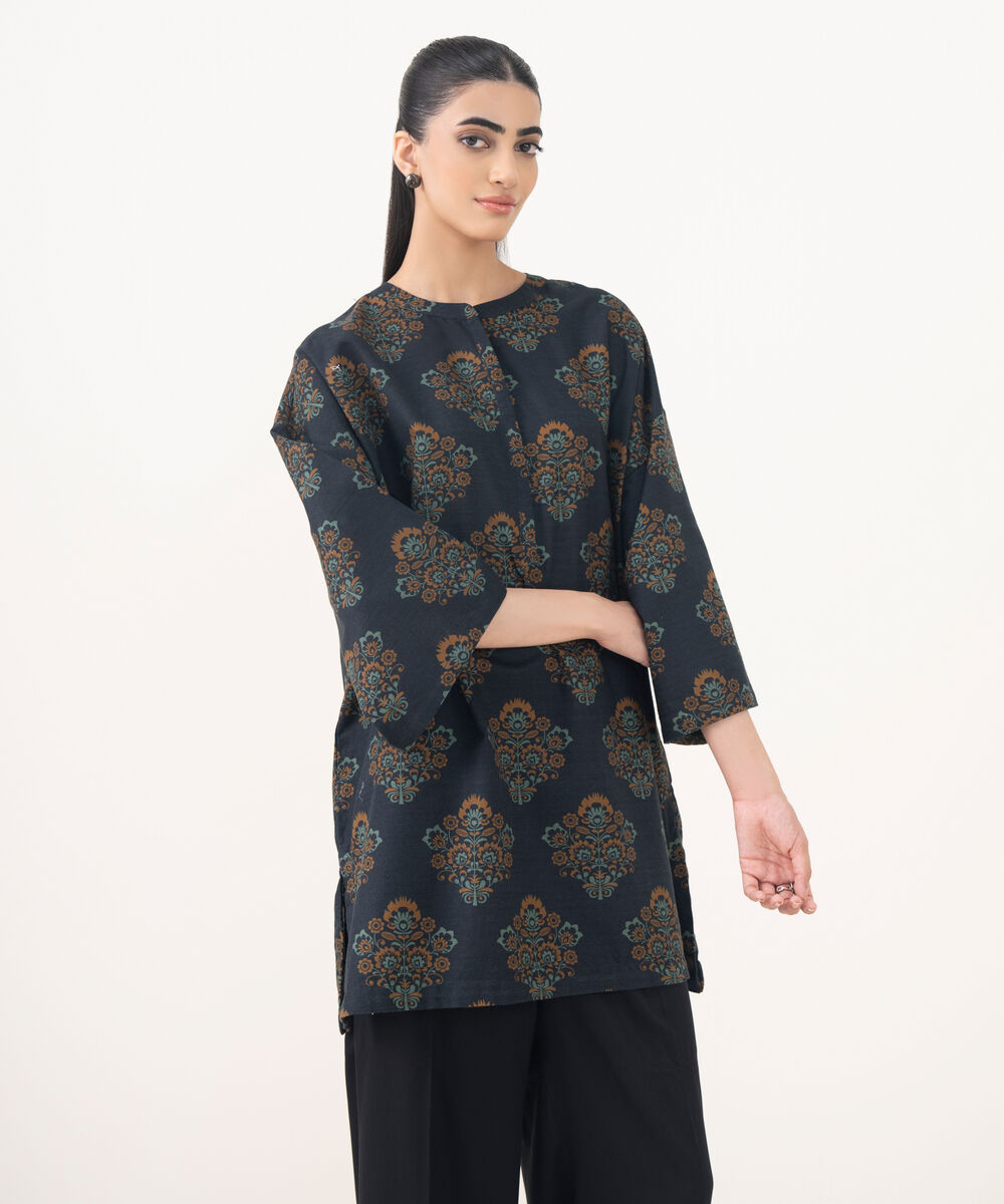 Women's RTW Light Khaddar Blue Printed Drop Shoulder Shirt
