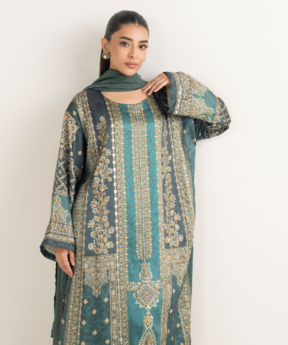 Women's RTW Blended Satin Embroidered Green 3 Piece Suit