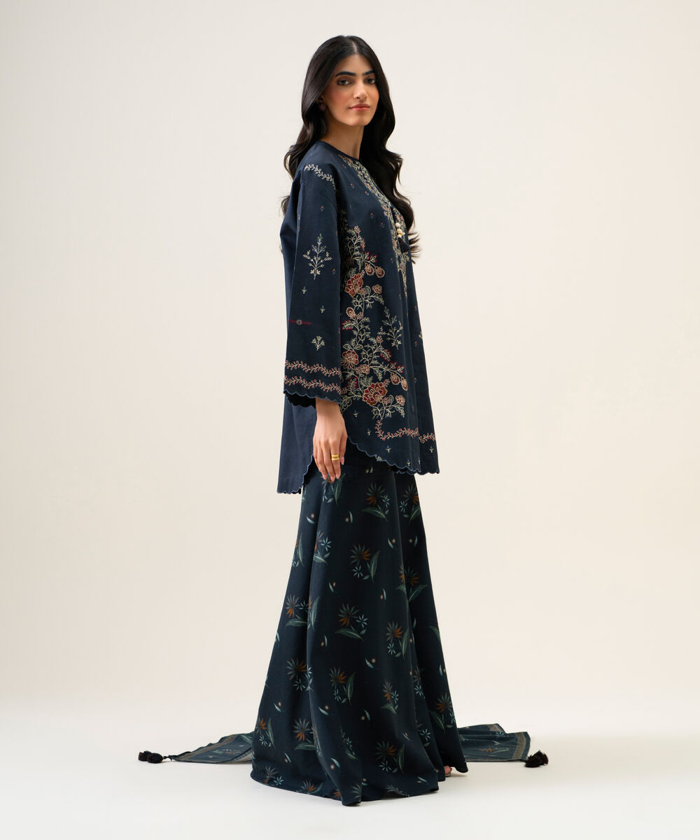 Womens Unstitched Light Khaddar Embroidered Navy Blue And Off White 3 Piece Suit