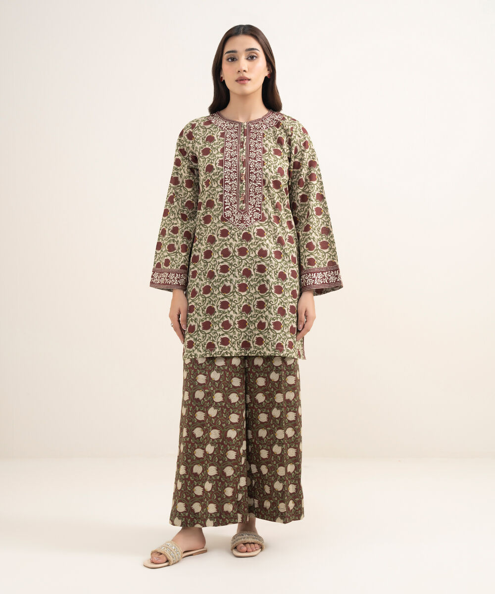 Women's RTW Dobby Embroidered Green 2 Piece Suit