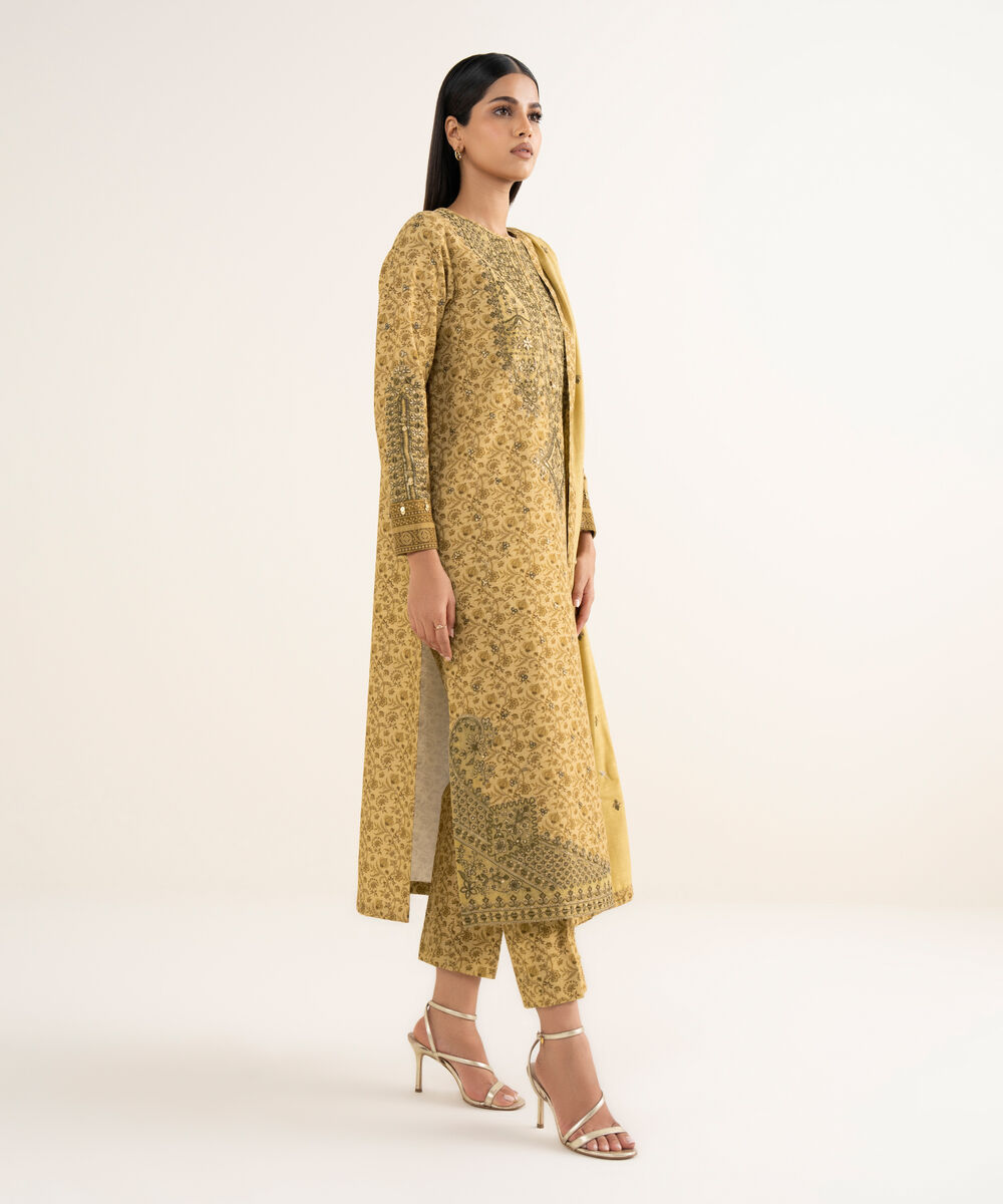 Women's Unstitched Cotton Embroidered Yellow 3 Piece Suit