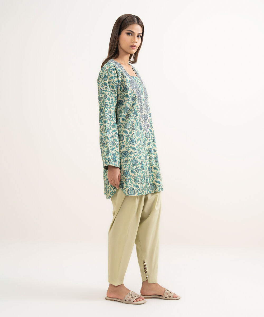 Women's RTW Cotton Viscose Embroidered Green Straight Shirt