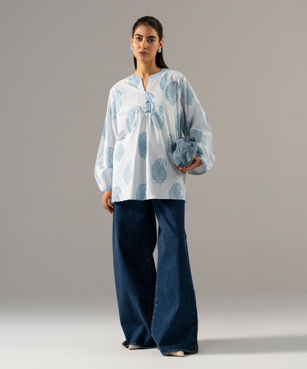 Women's RTW Lawn Printed Blue Straight Shirt