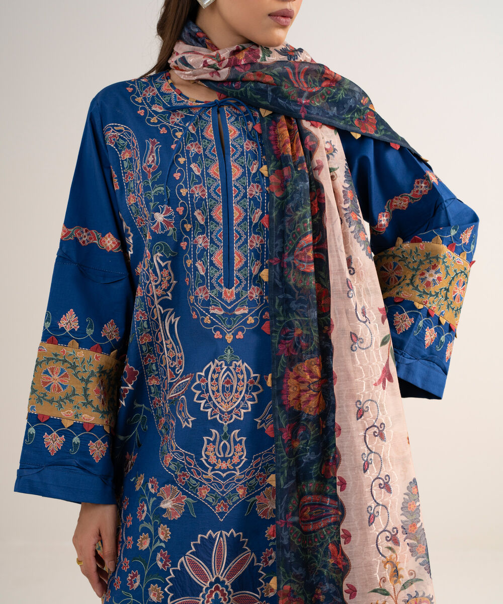 Women's Unstitched Textured Lawn Embroidered Blue  3 Piece Suit