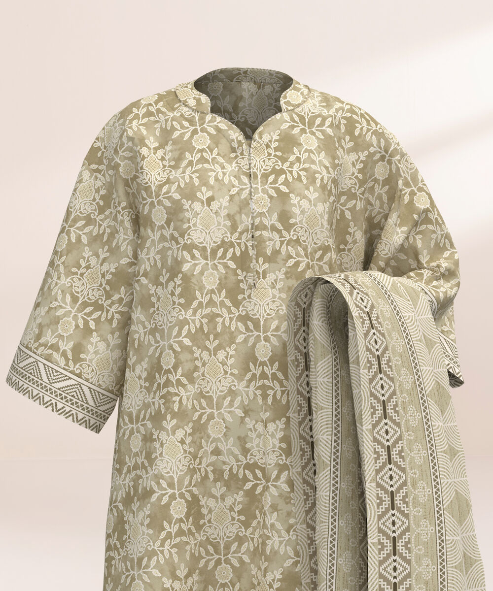 Women's Three Piece Printed Beige Lawn Suit