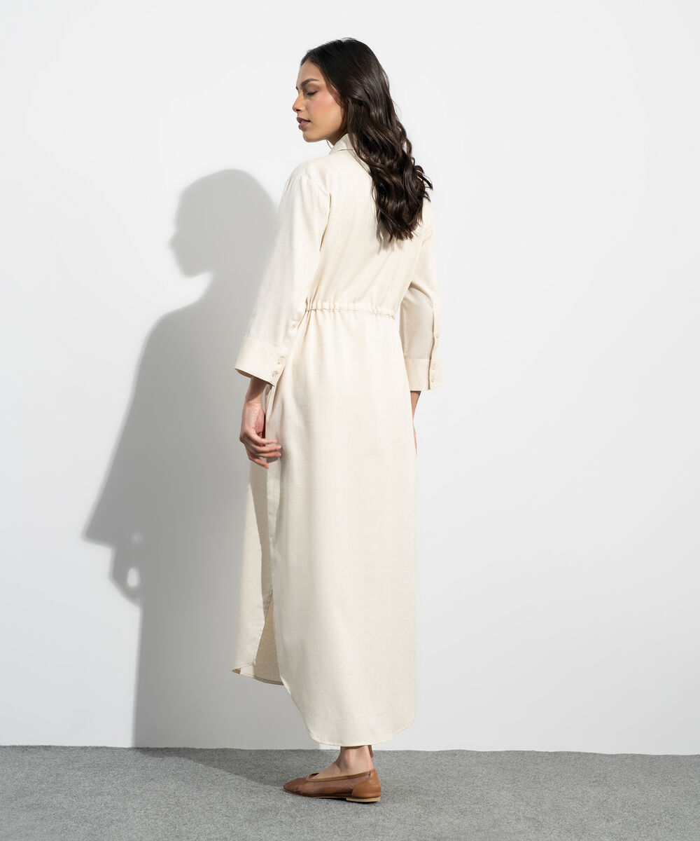 Women's Western Beige Linen Blend Dress With Waist Drawcord