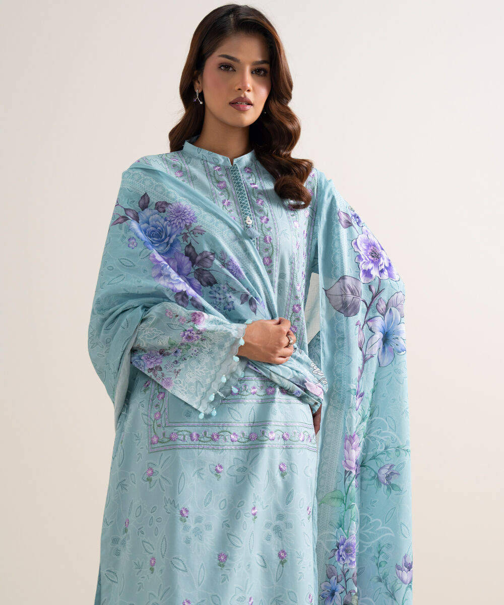 Women's Unstitched Lawn Embroidered Blue 3 Piece Suit