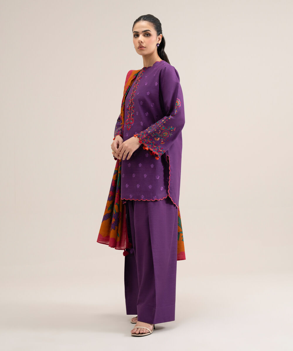Women's Unstitched Premium Khaddar Embroidered Purple 3 Piece Suit