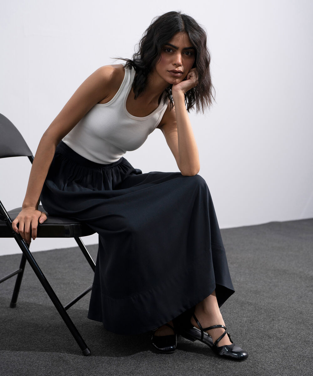 Women's Black Viscose Flared Skirt