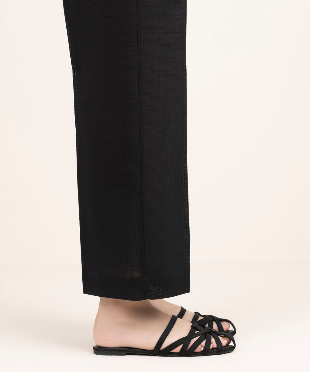 Women's RTW Textured Cotton Solid Black Straight Pants