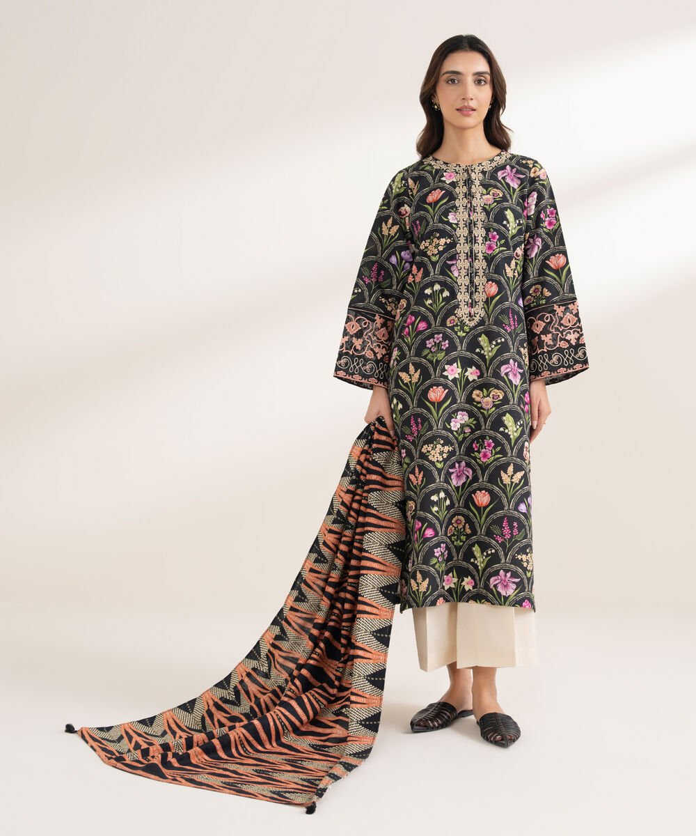 Printed Khaddar Black Dupatta