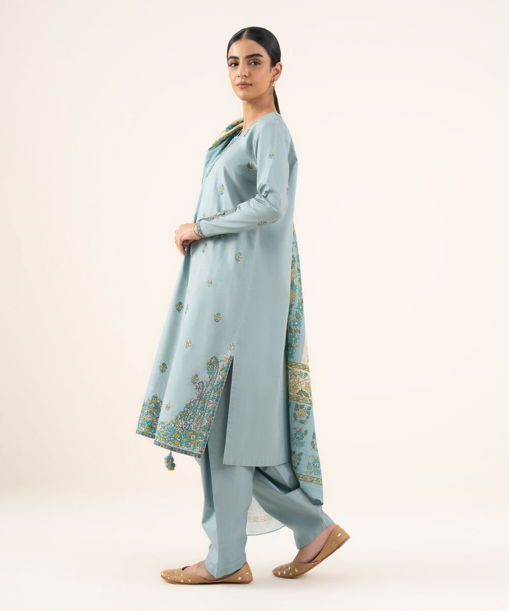 Women's Unstitched Textured Cotton Embroidered Blue 2 Piece Suit
