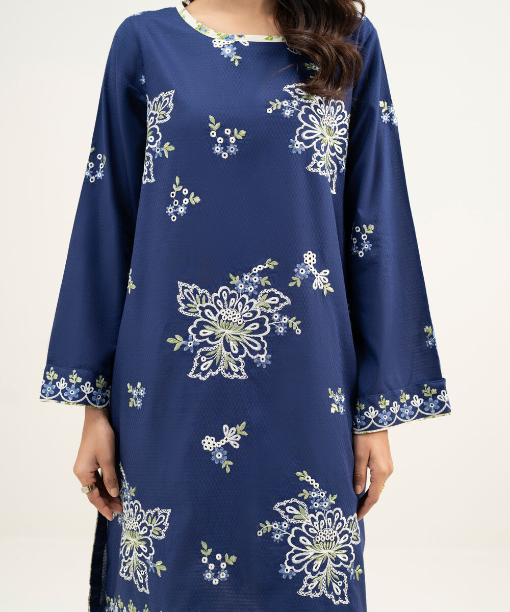 Women's RTW Dobby Embroidered Dark Blue 3 Piece Suit