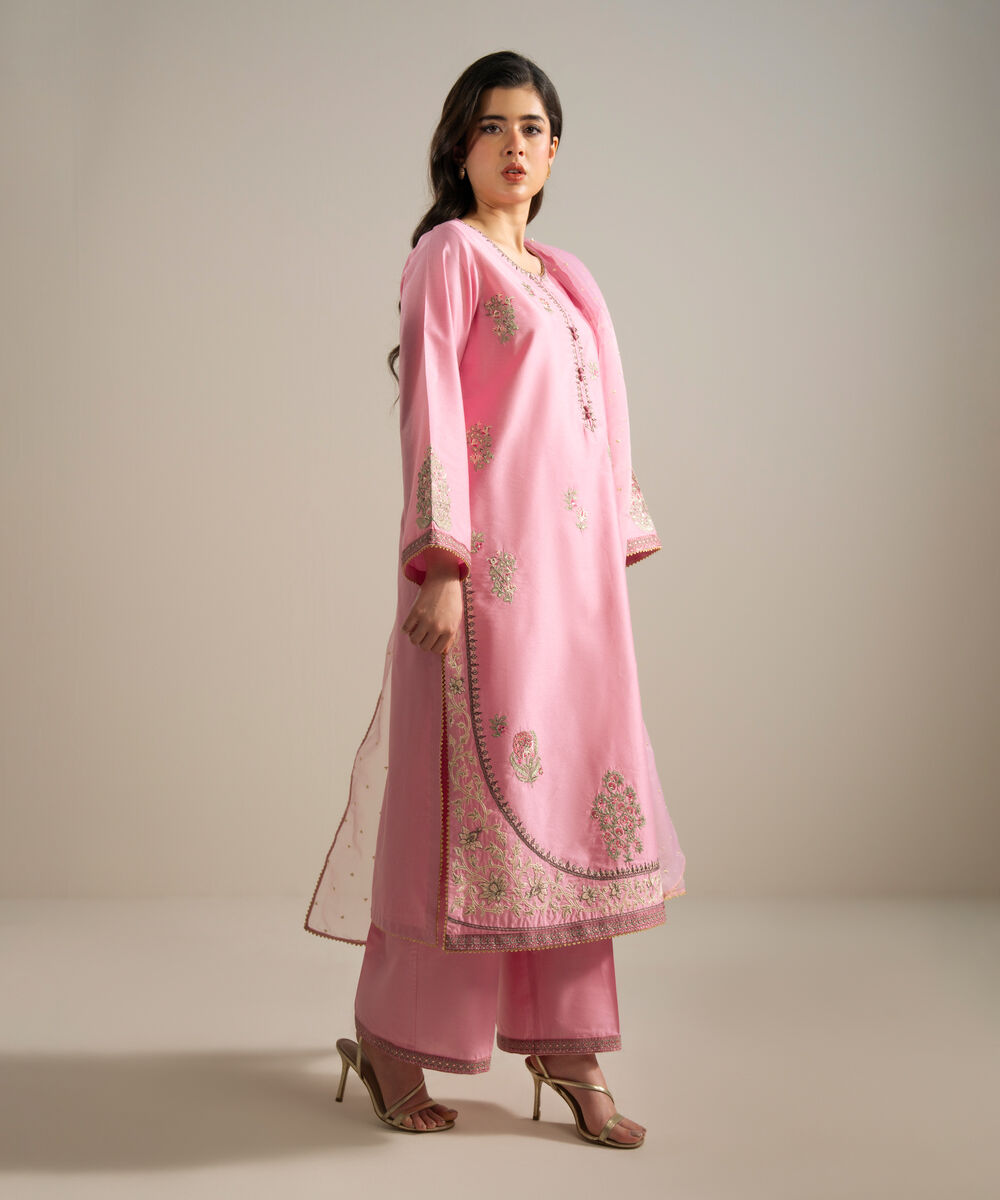Women's RTW Silk Cotton Net Embroidered Pink 3 Piece Suit