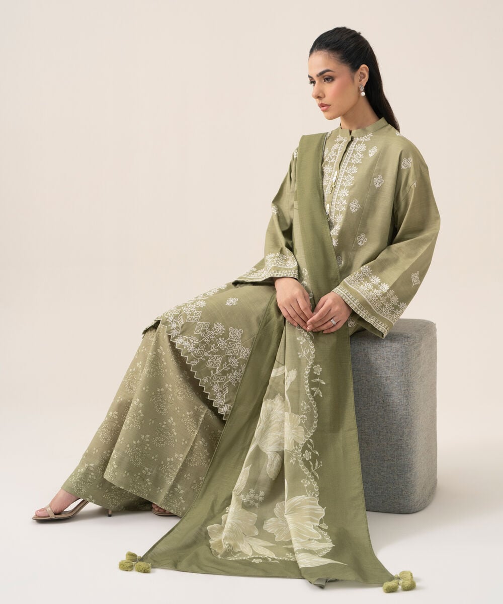 Women's Unstitched Premium Khaddar Embroidered Light Green 3 Piece Suit