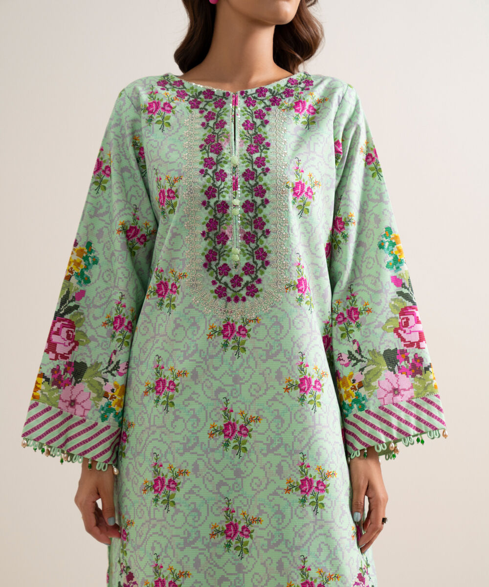 Women's Unstitched Zari Cotton Embroidered Green 3 Piece Suit