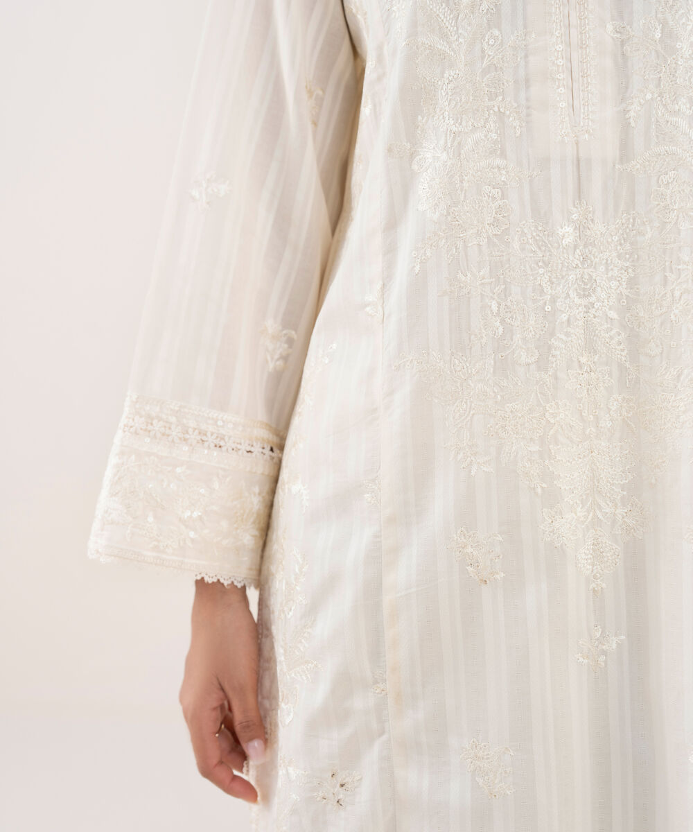 Women's RTW Textured Lawn Off White Embroidered A-Line Shirt