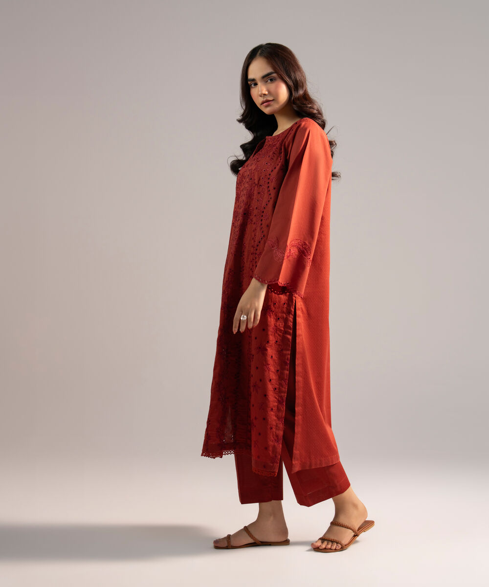 Women's RTW Dobby Embroidered Rust 2 Piece Suit