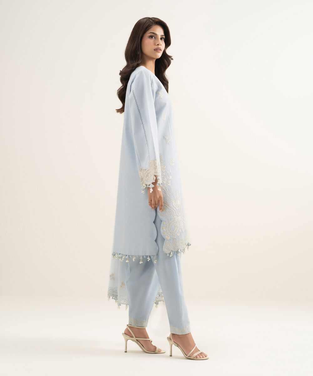 Women's Unstitched Cotton Net Embroidered Blue 3 Piece Suit
