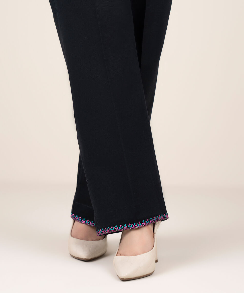 Women's RTW Light Khaddar Embroidered Black Straight Pants