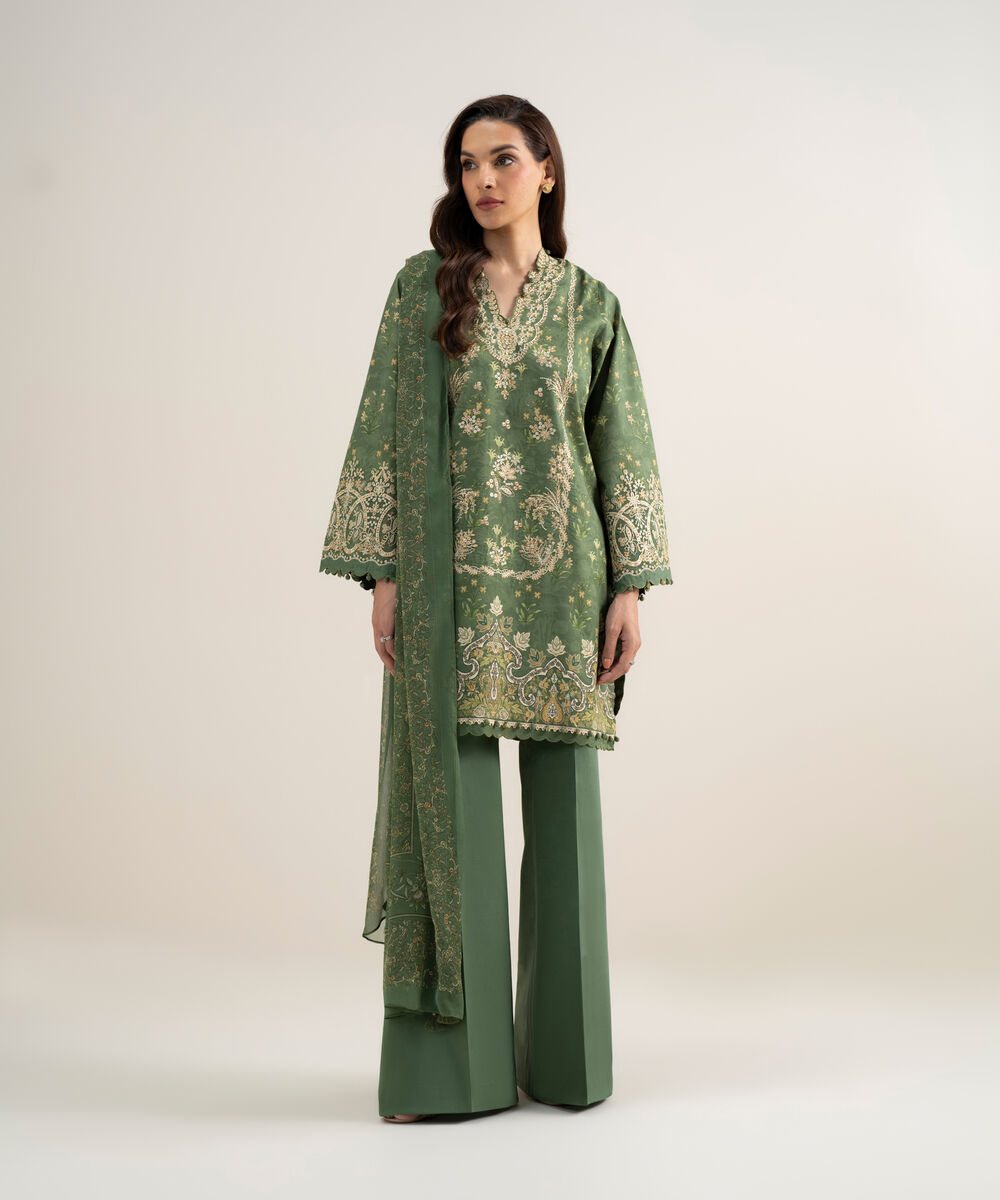 Women's Unstitched Lawn Embroidered Green 3 Piece Suit