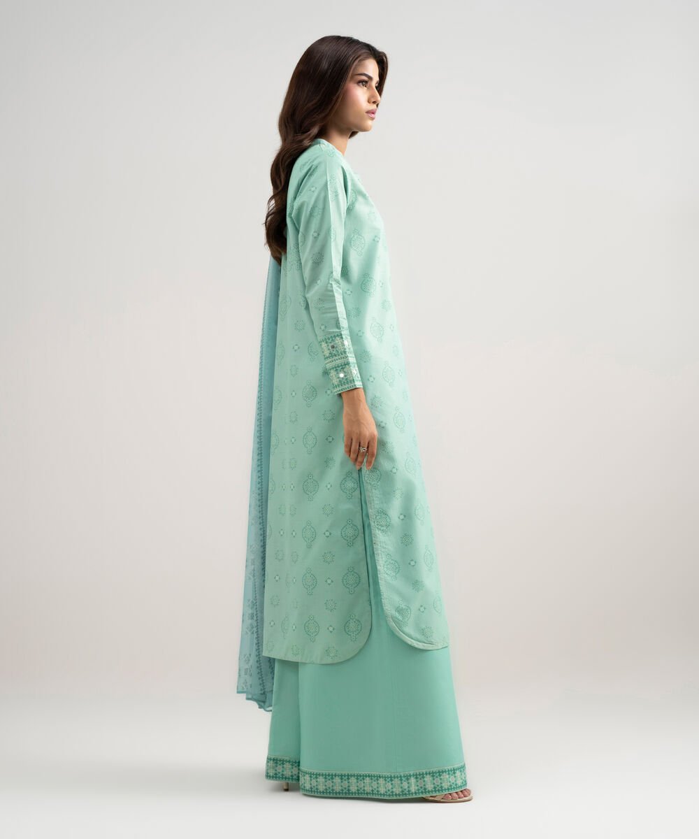 Women's Unstitched Zari Lawn Printed Green 3 Piece Suit