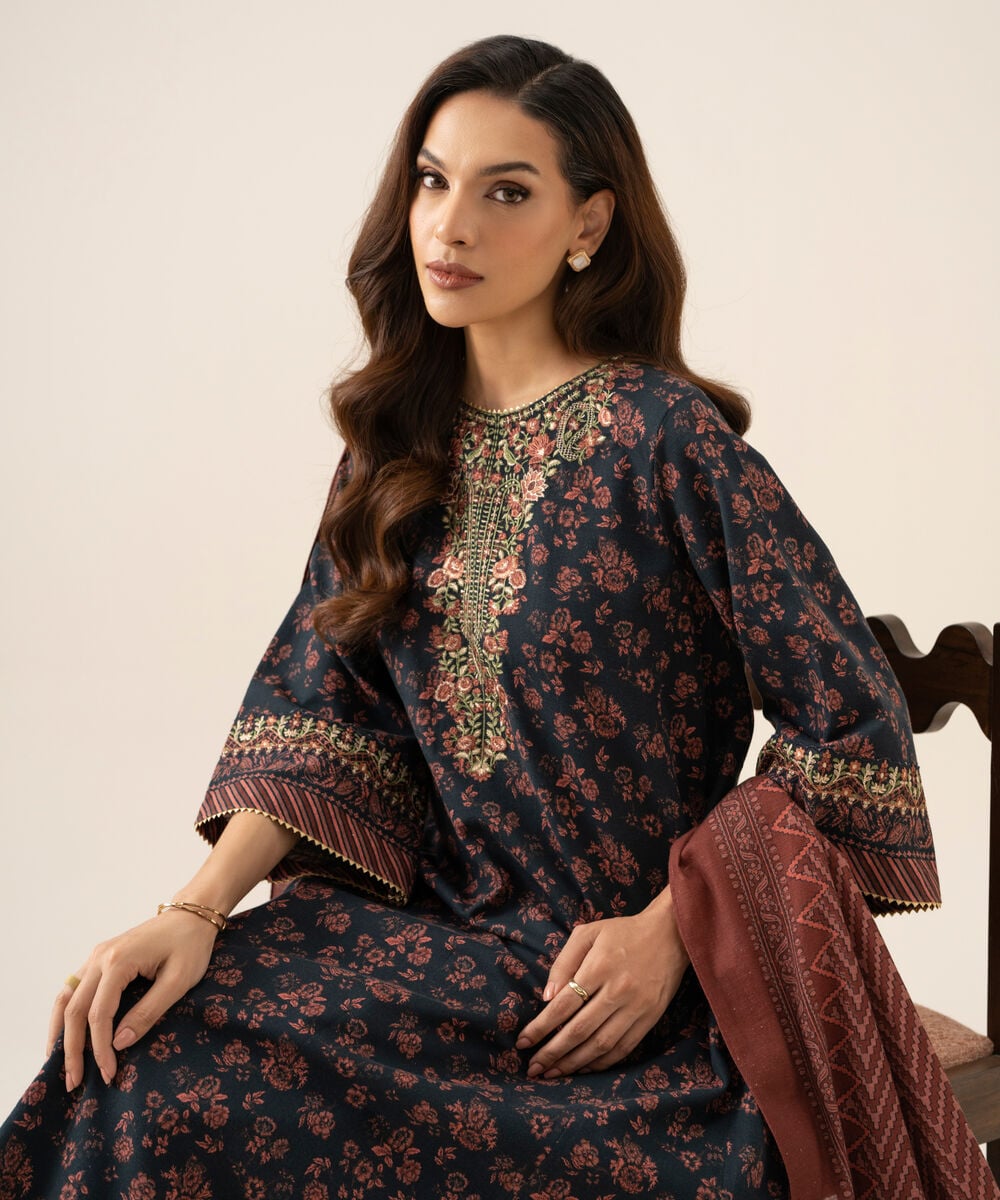Women's Unstitched Light Khaddar Embroidered Blue 3 Piece Suit
