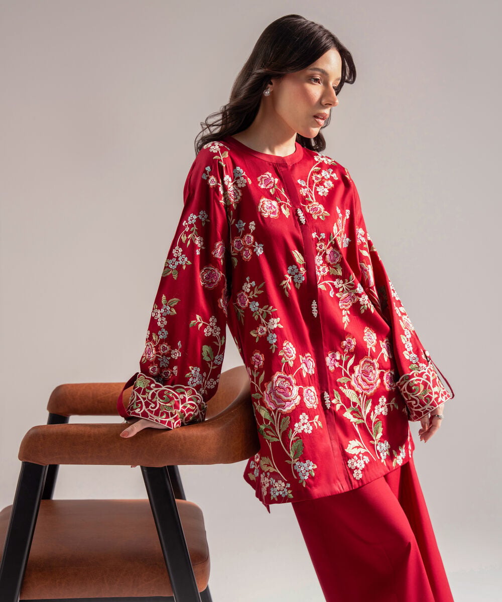 Women's RTW Cotton Satin Embroidered Maroon 2 Piece Suit