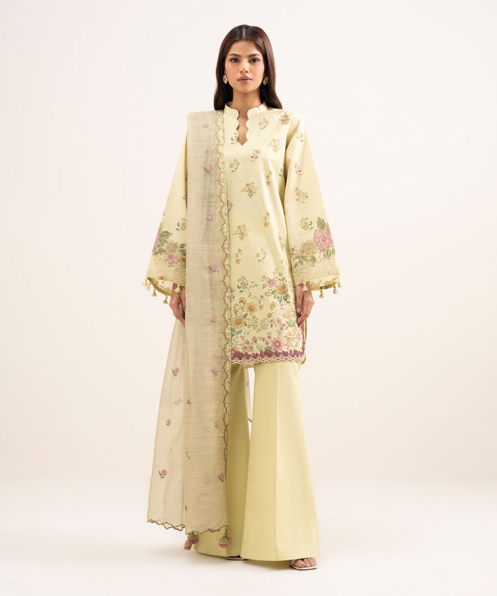 Women's Unstitched Lawn Embroidered Yellow 3 Piece Suit