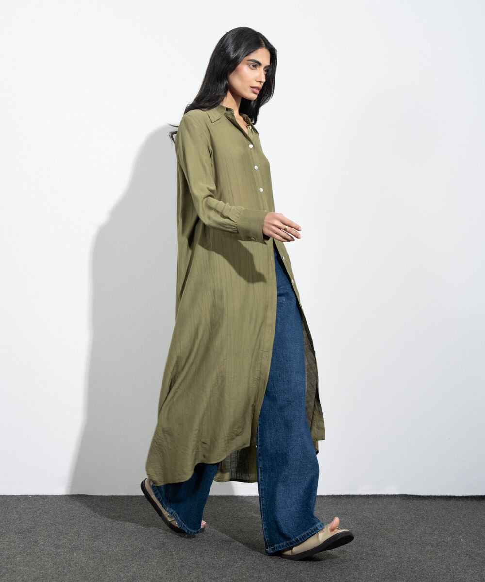 Women's Western Mustard Textured Button Through Dress