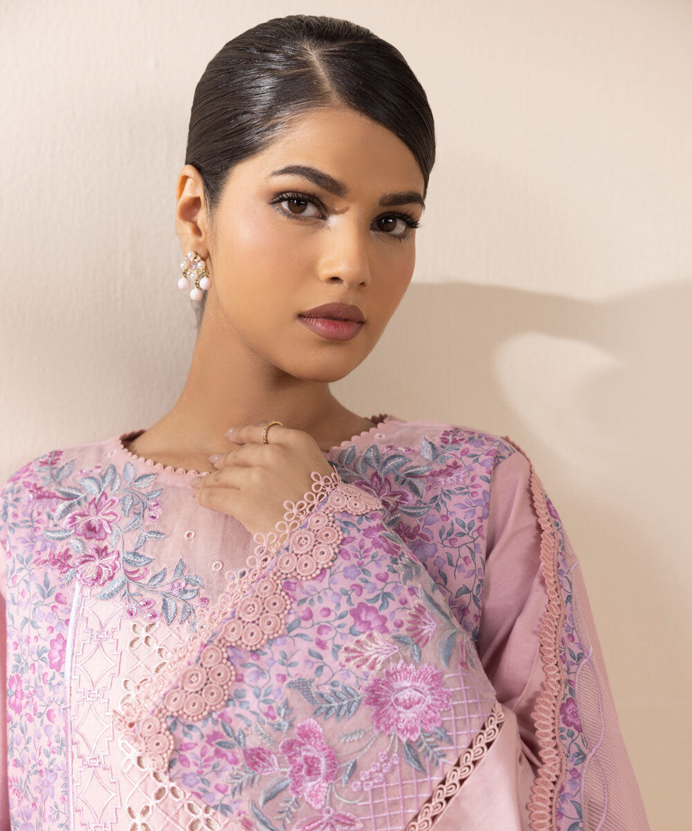 Woman - Pink 3 Piece - Embroidered Cotton Satin Suit