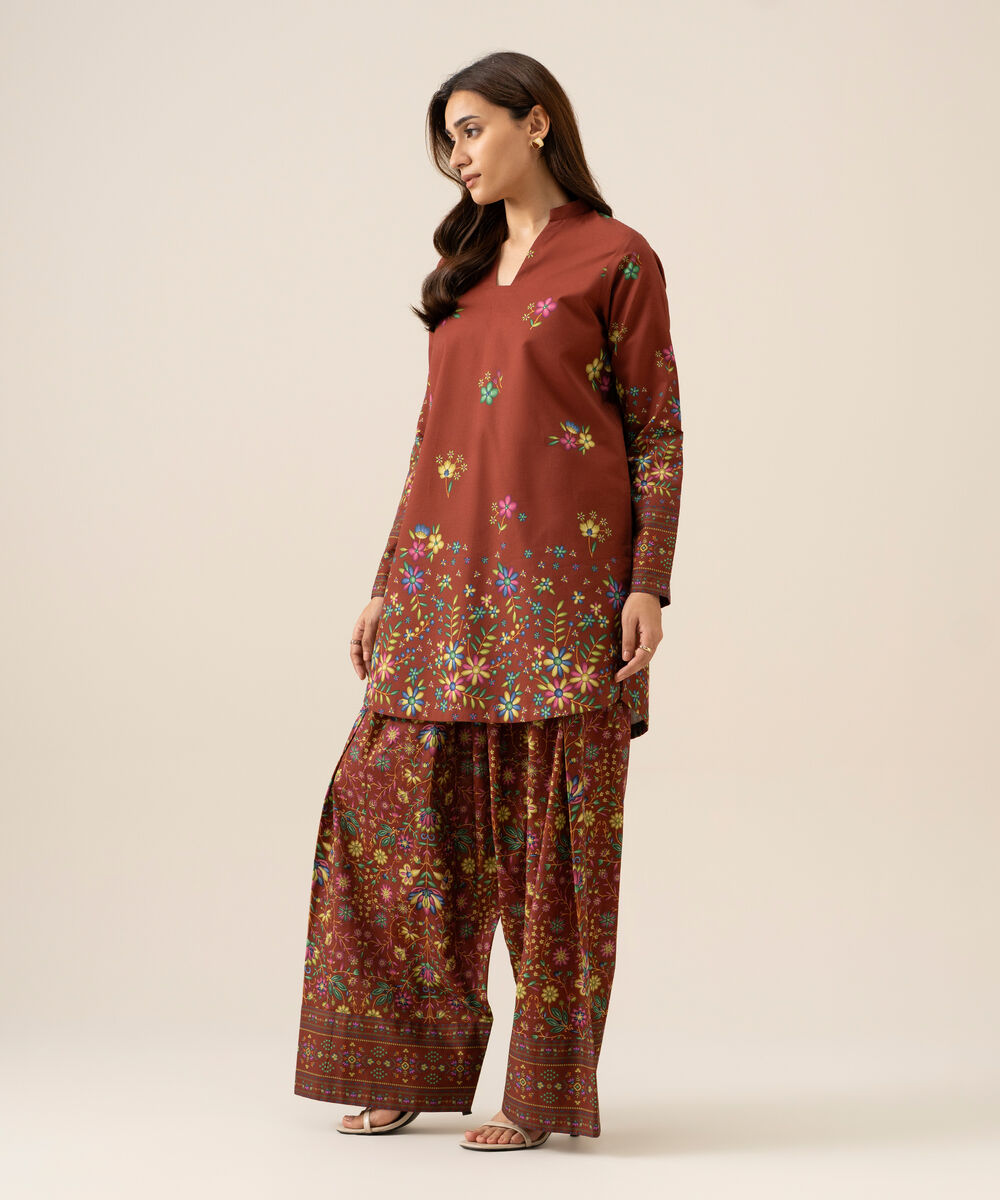 Women's Unstitched Cotton Printed Brown 2 Piece Suit