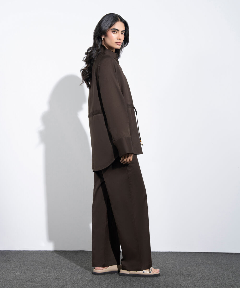 Women's Western Brown Linen Blend Shirt With Waist Drawcord