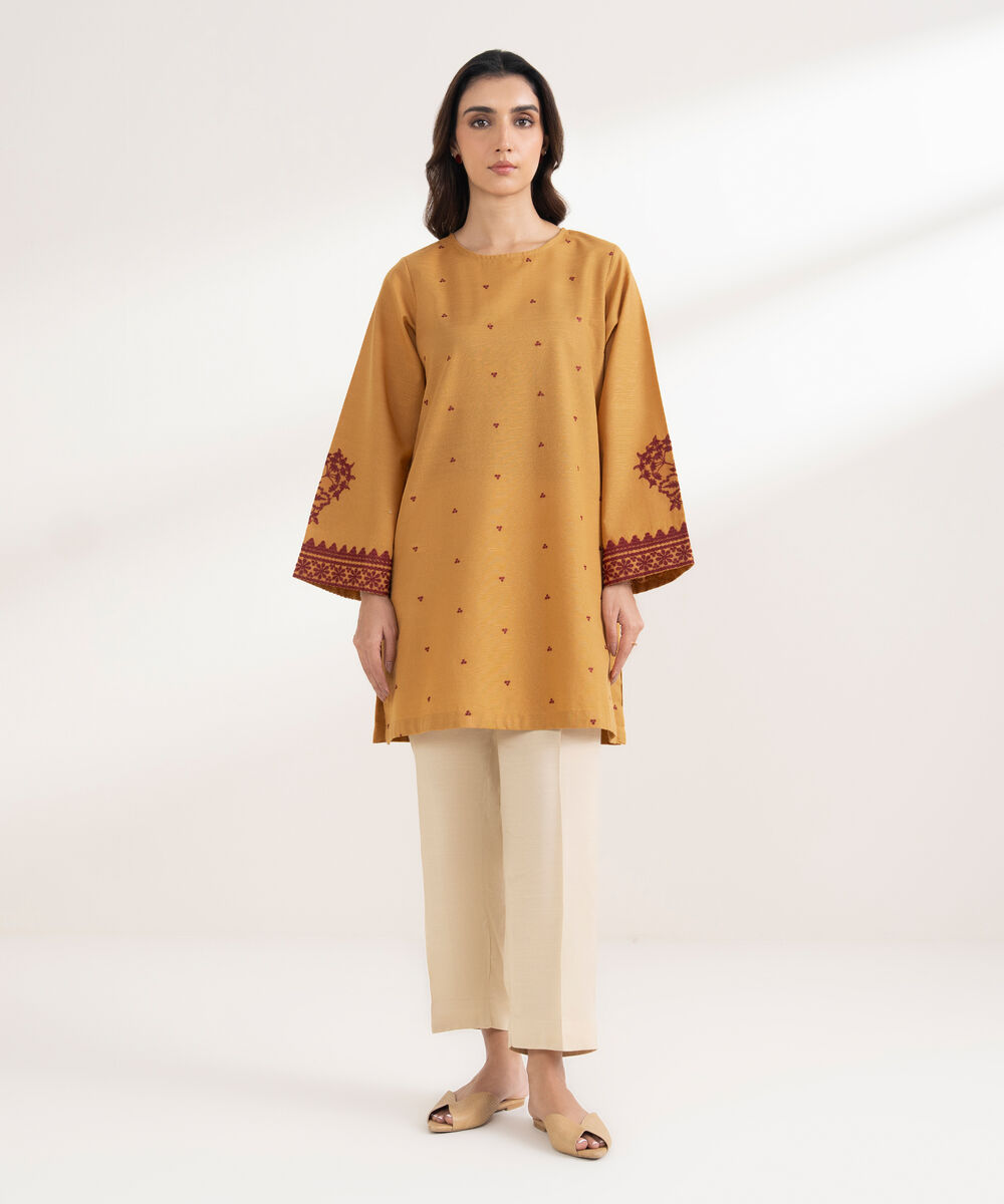 Women's RTW Khaddar Embroidered Straight Mustard Shirt