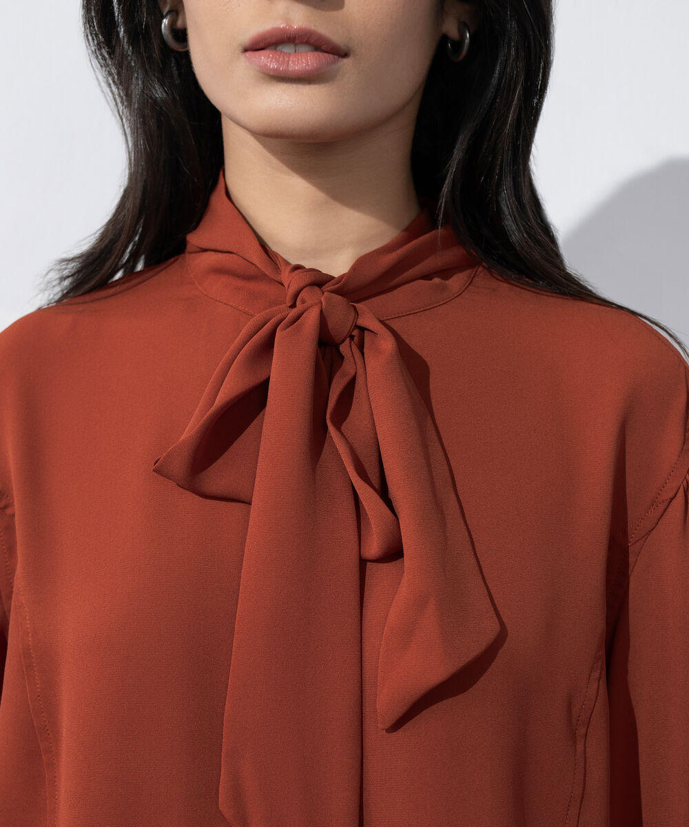 Women's Western Wear Red Blouse With Tie Collar