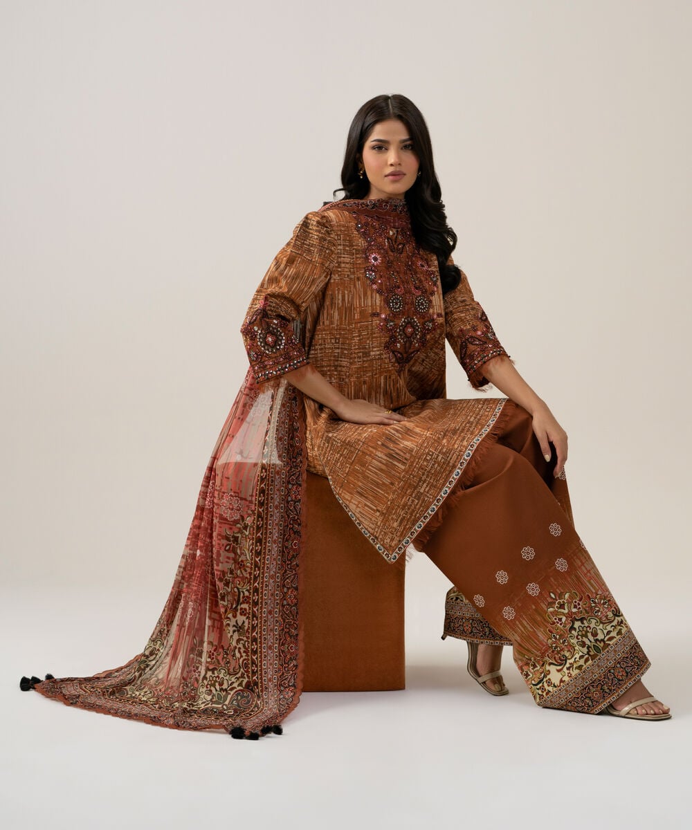Women's Unstitched Blended Chiffon Printed Rust Brown 3 Piece Suit
