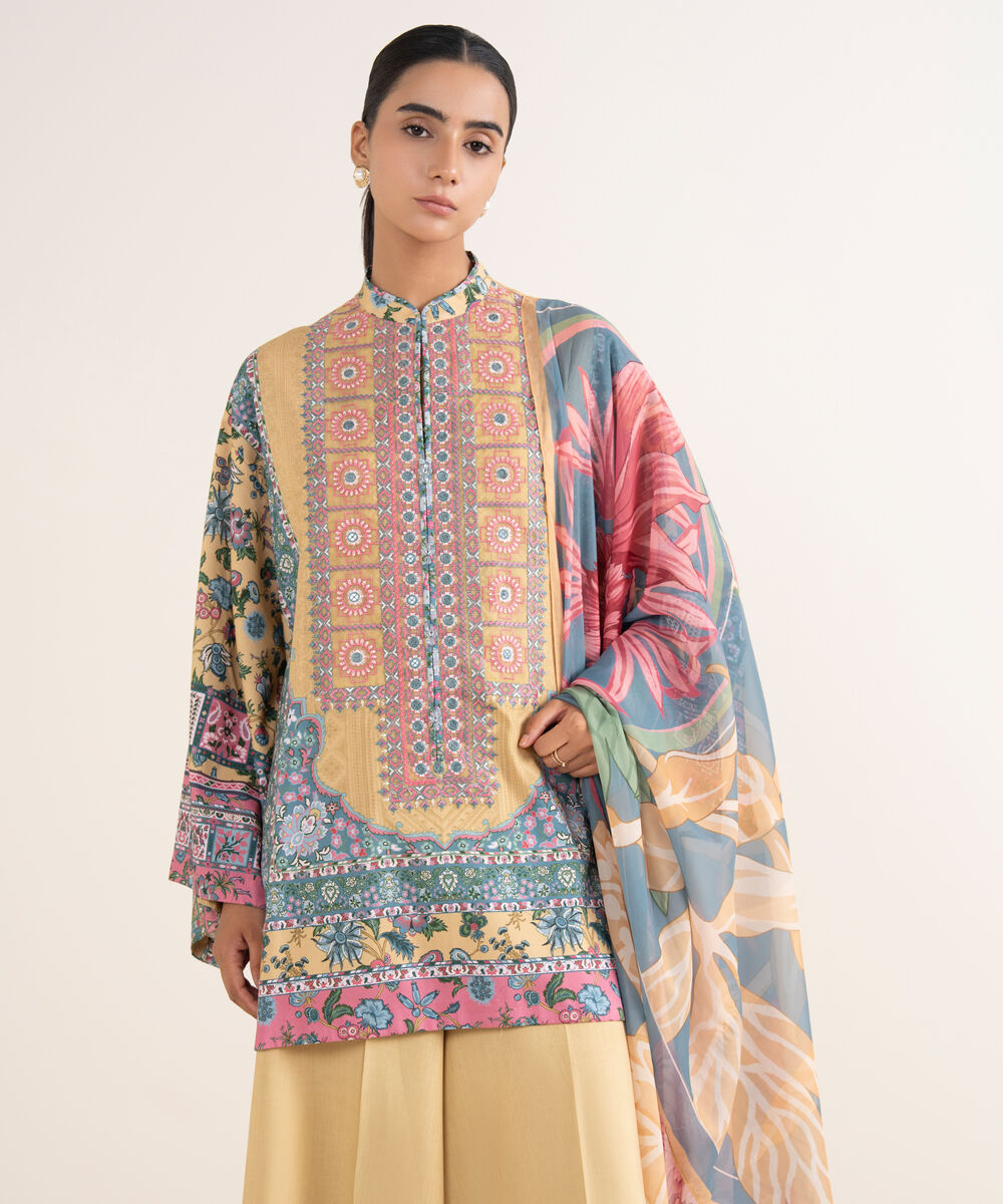 Women's Unstitched Lawn Embroidered Yellow Three Piece Suit