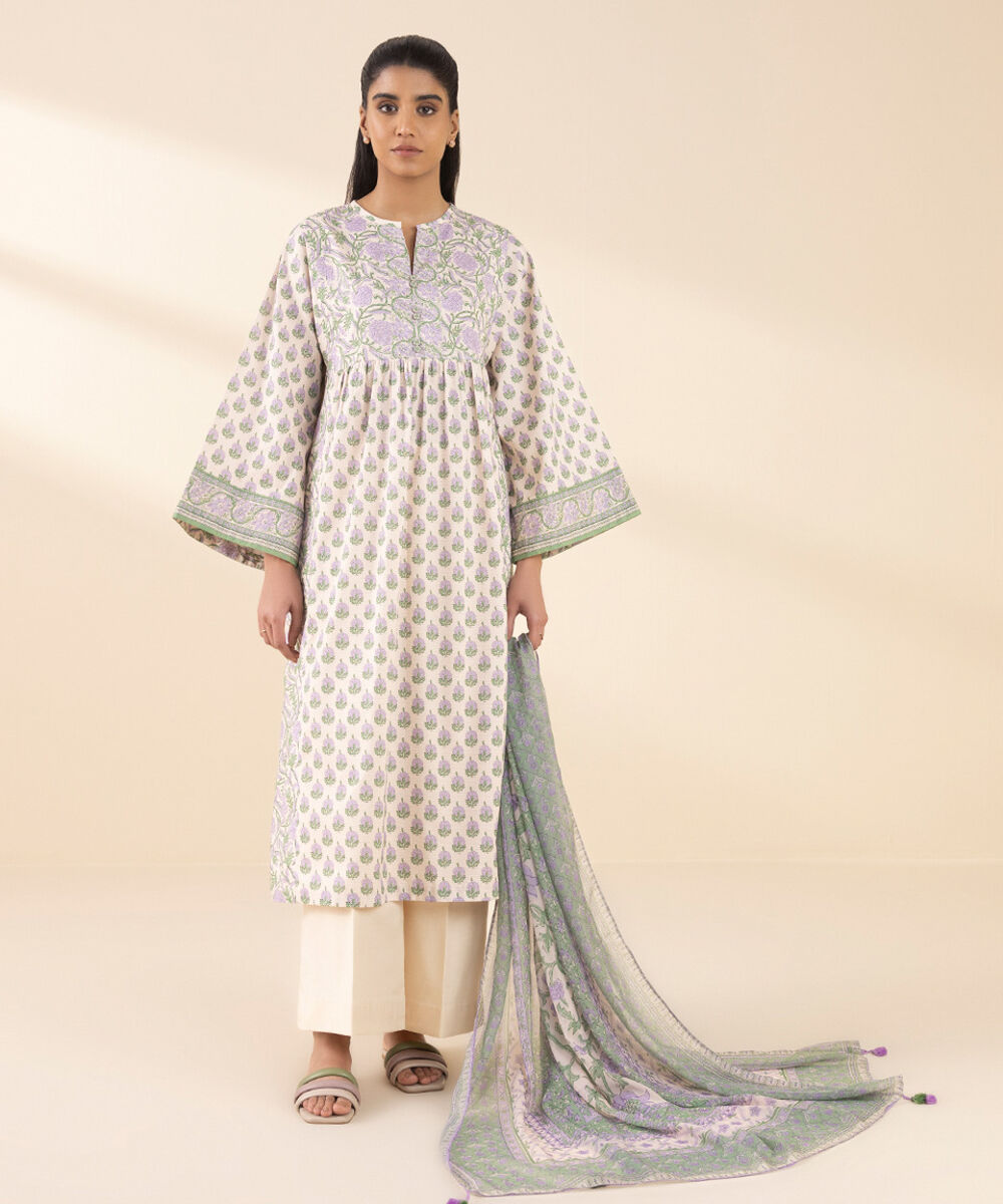 Unstitched Women's Off White Lawn Printed Shirt Dupatta