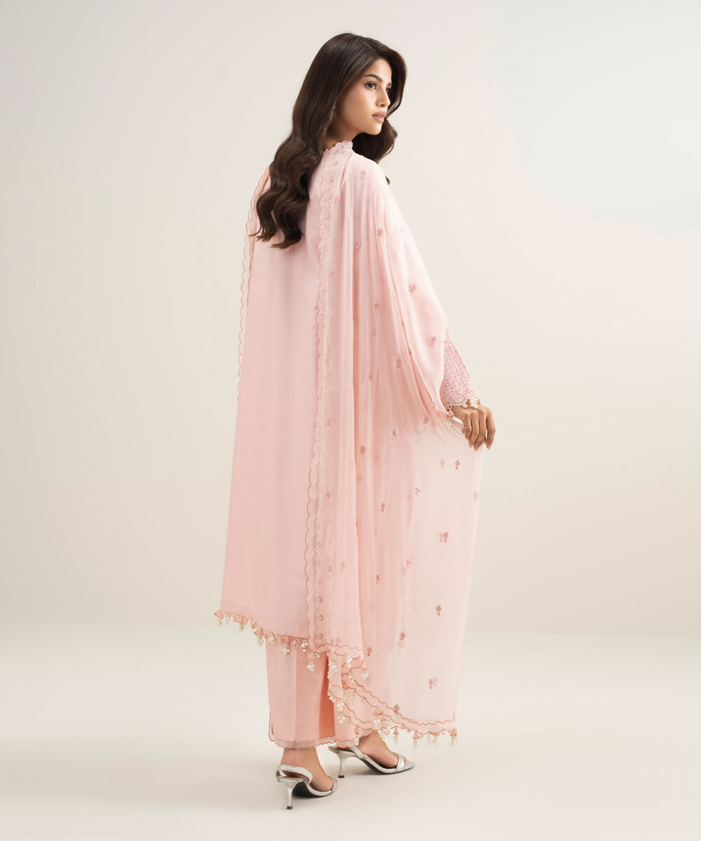 Women's Unstitched Cotton Net Embroidered Pink 3 Piece Suit