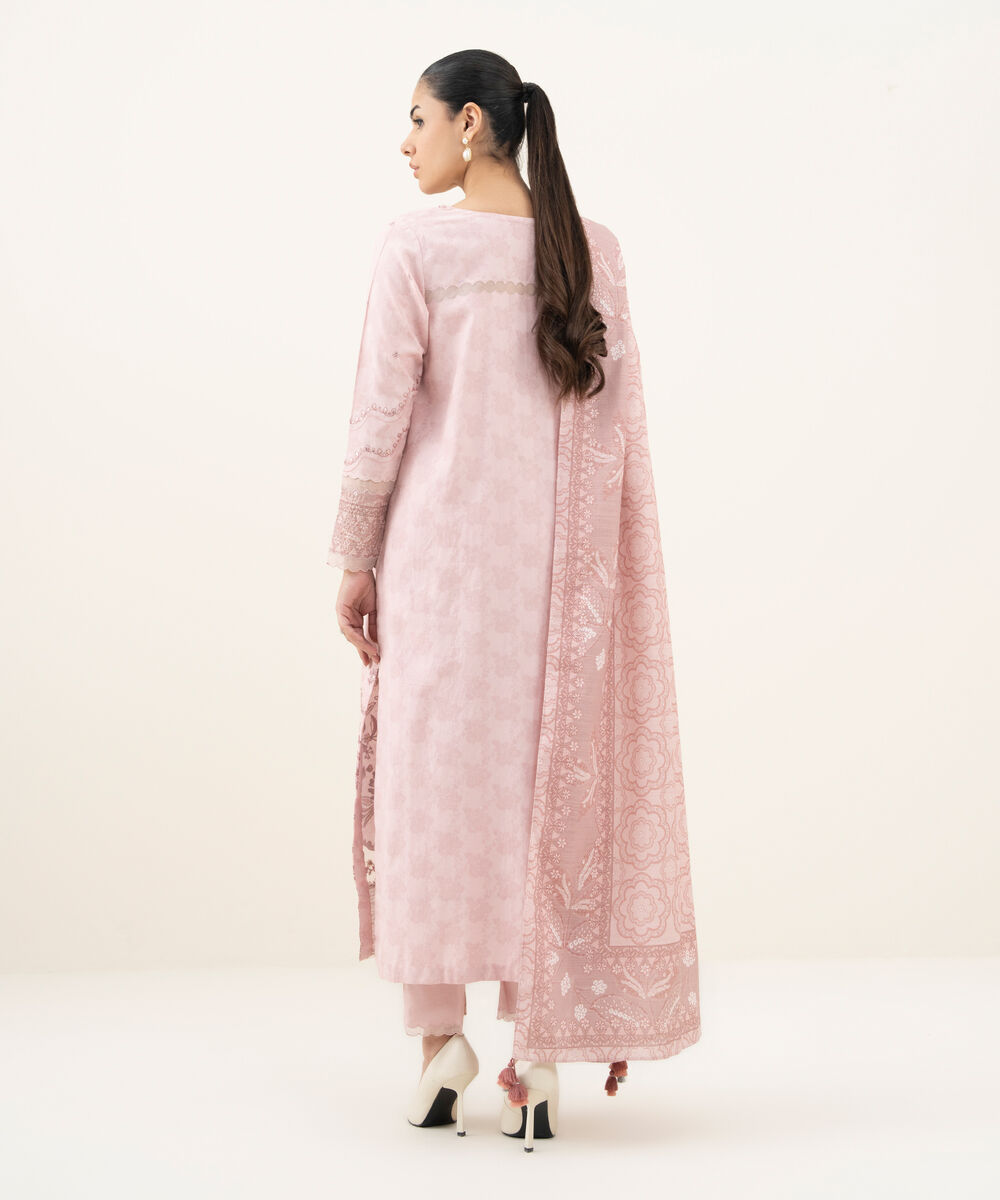 Women's Unstitched Embroidered Cotton Jacquard Pink 3 Piece Suit