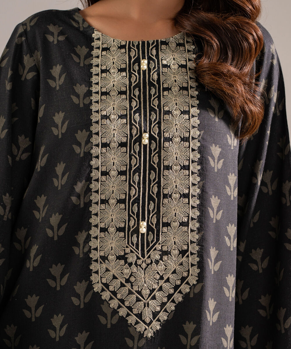 Women's RTW Self Jacquard Embroidered Black 2 Piece Suit