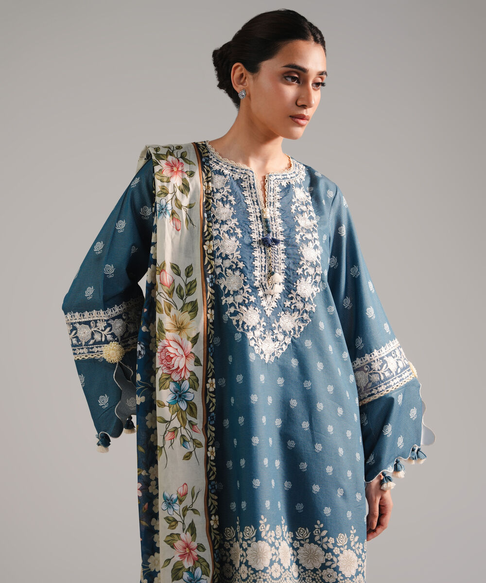 Women's RTW Zari Lawn Embroidered Blue 3 Piece Suit