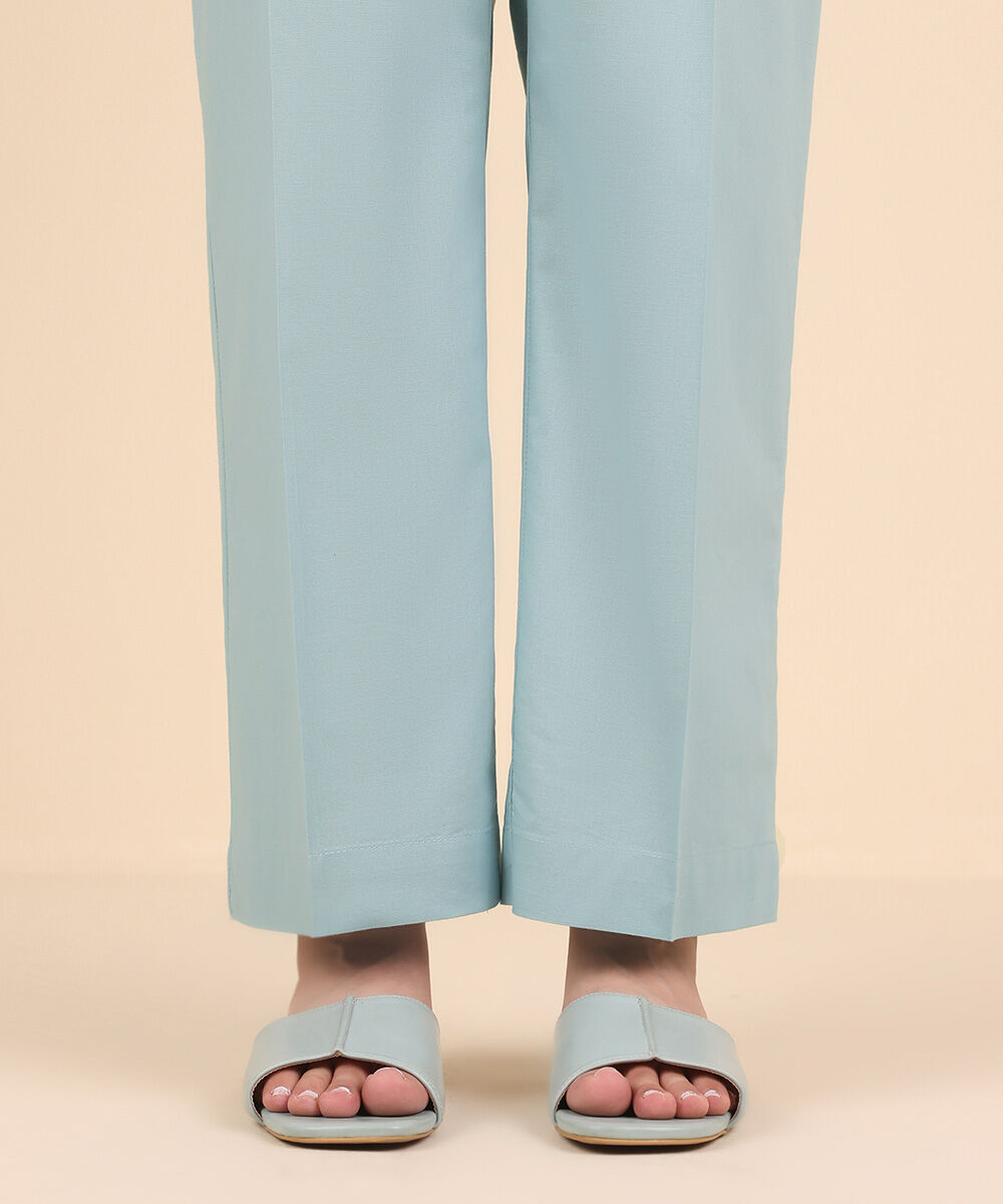 Women's Pret Cambric Blue Solid Straight Pants