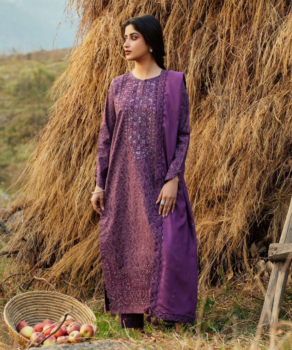 Women's Unstitched Cotton Embroidered Purple  3 Piece Suit