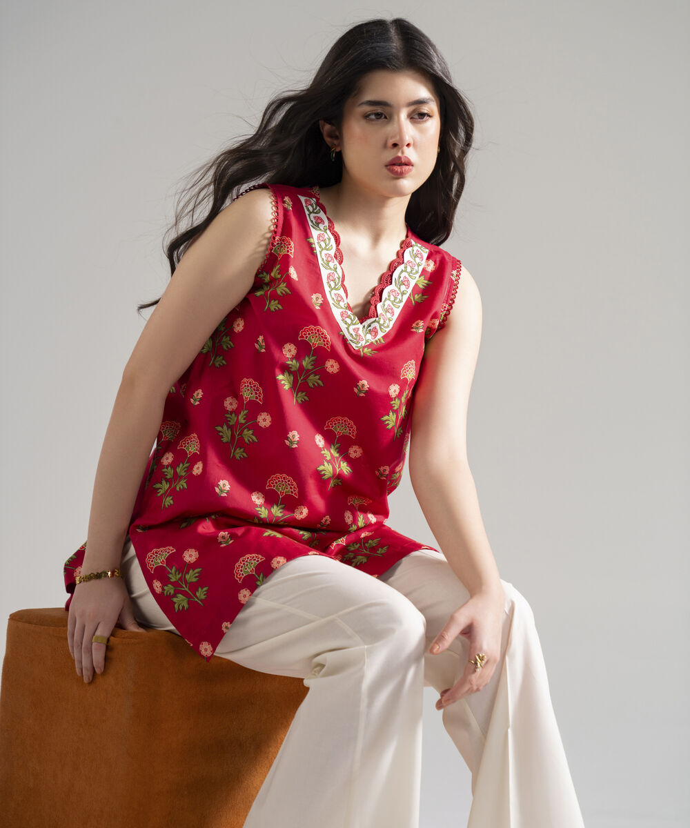 Women's RTW Slub Lawn Printed Red Straight Shirt