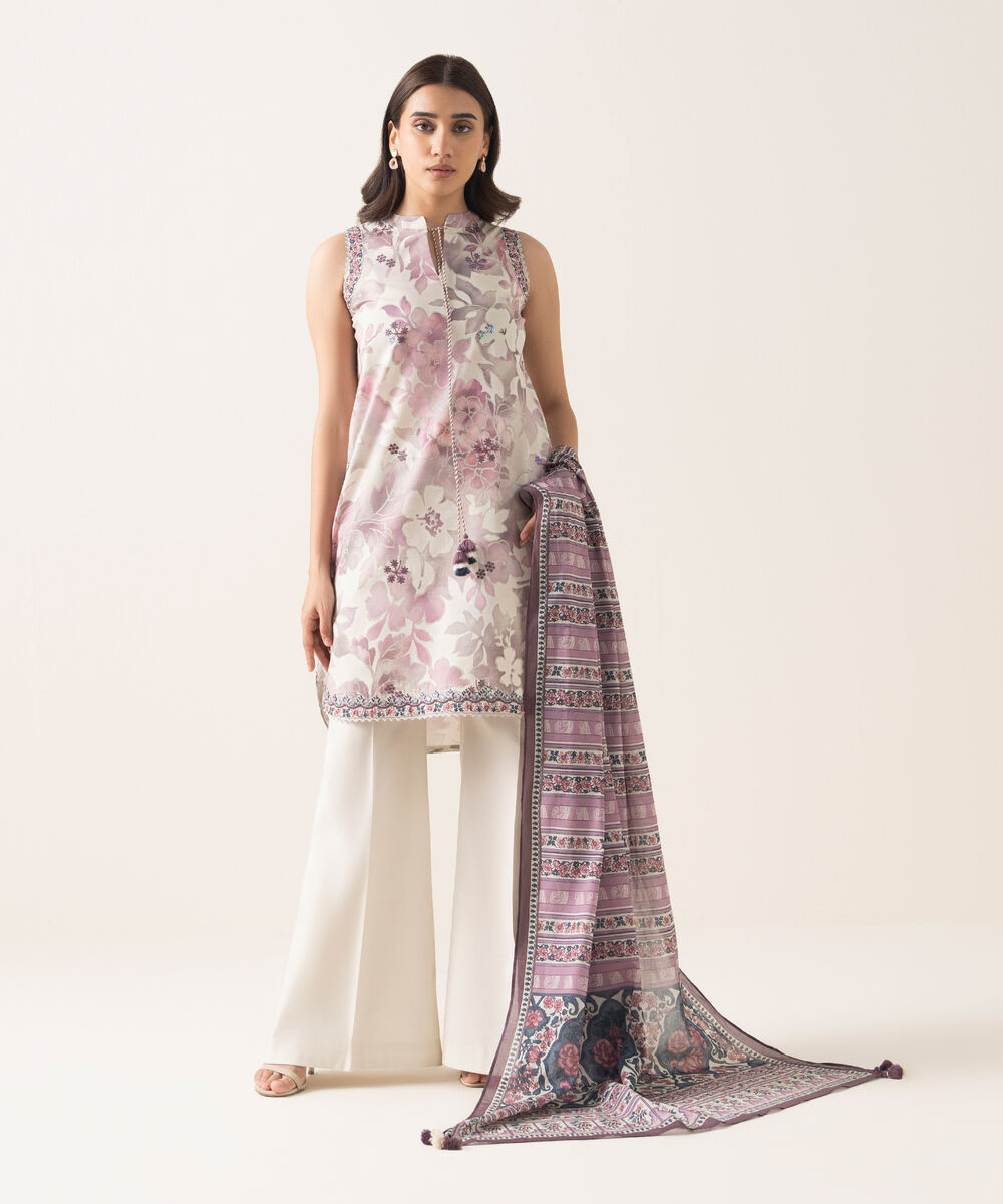 Women's Unstitched Textured Lawn Embroidered Purple 3 Piece Suit