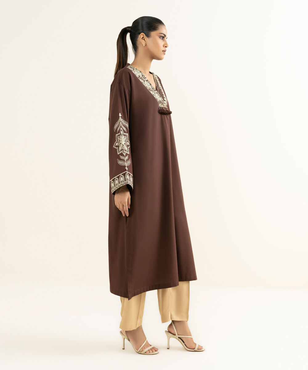 Women's RTW Bedford  Embroidered Brown Drop Shoulder Shirt