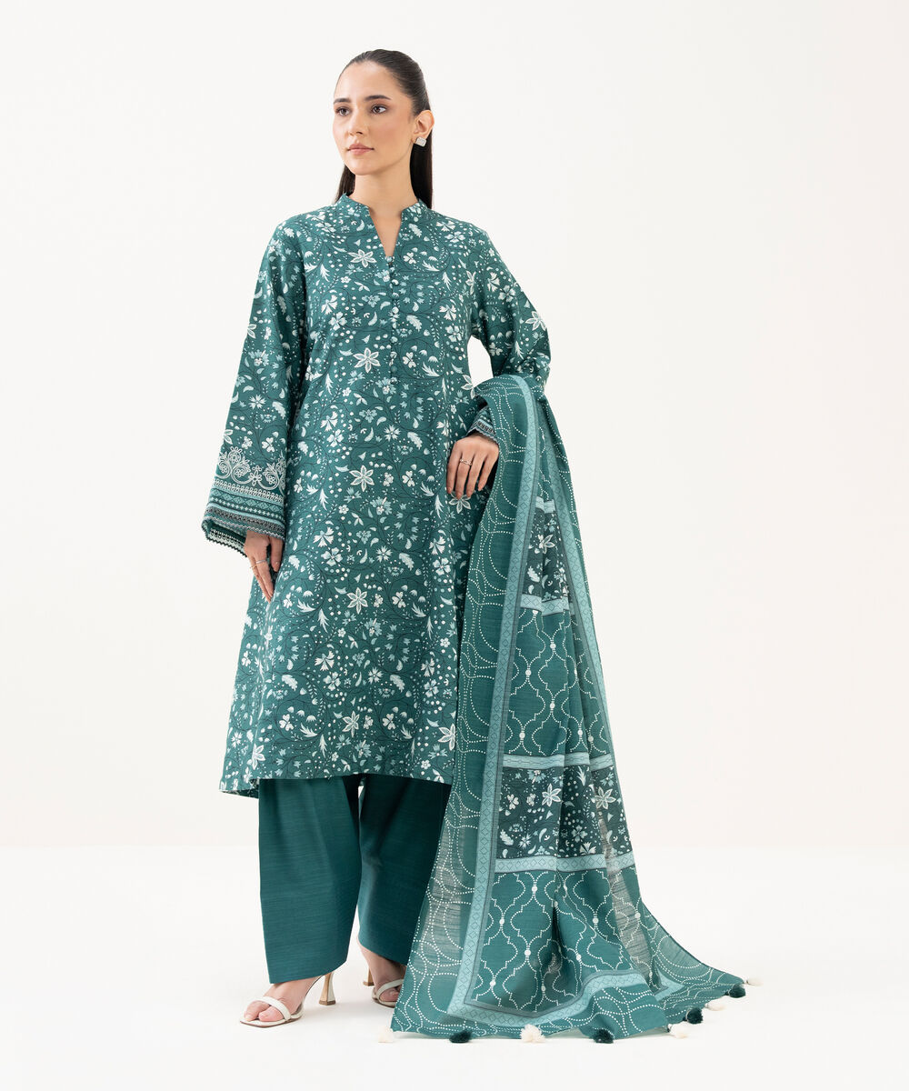 Women's Unstitched Light Khaddar Embroidered Green 3 Piece Suit