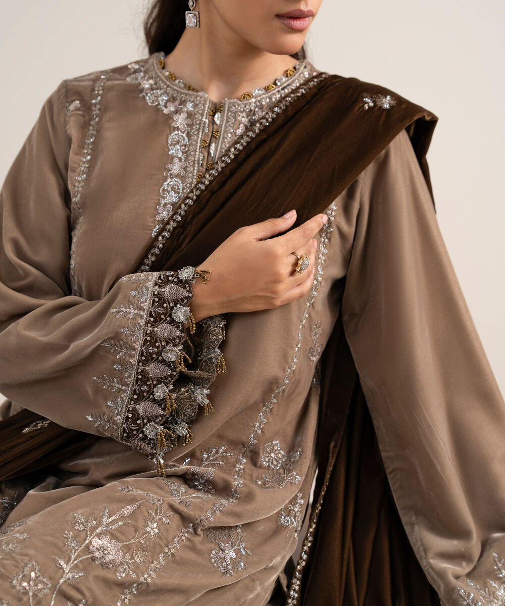Women's Unstitched Embroidered Velvet Beige 3 Piece Suit