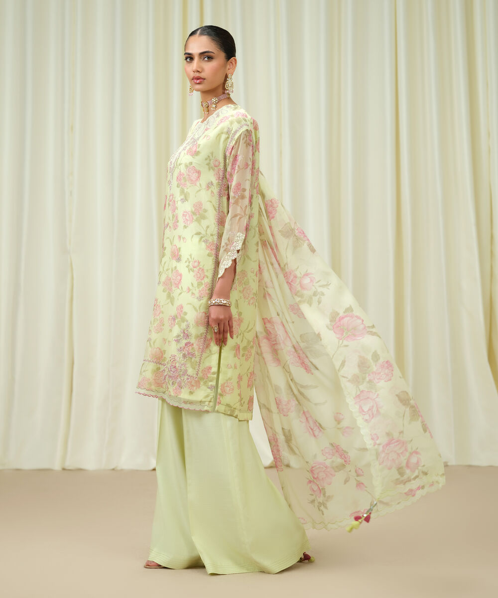 Women's Unstitched Blended Chiffon Embroidered Yellow 3 Piece Suit
